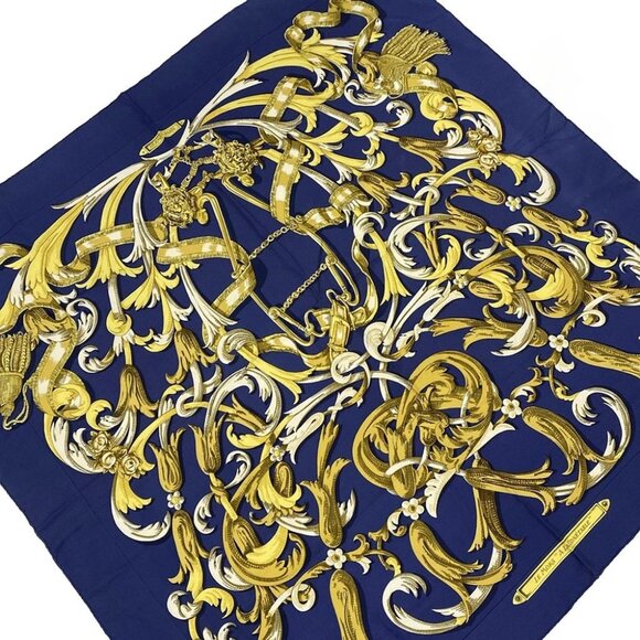 Auth HERMES Carre 90 Navy Yellow Scarf - Picture 1 of 3